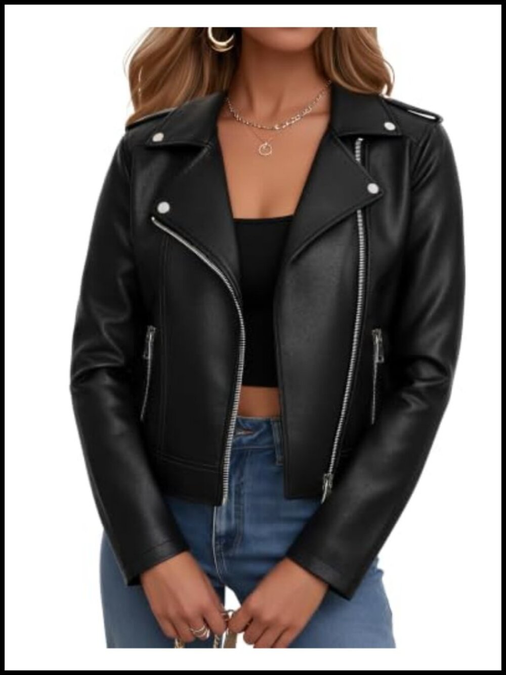 Classic Black Faux Leather Moto Jacket for Women
